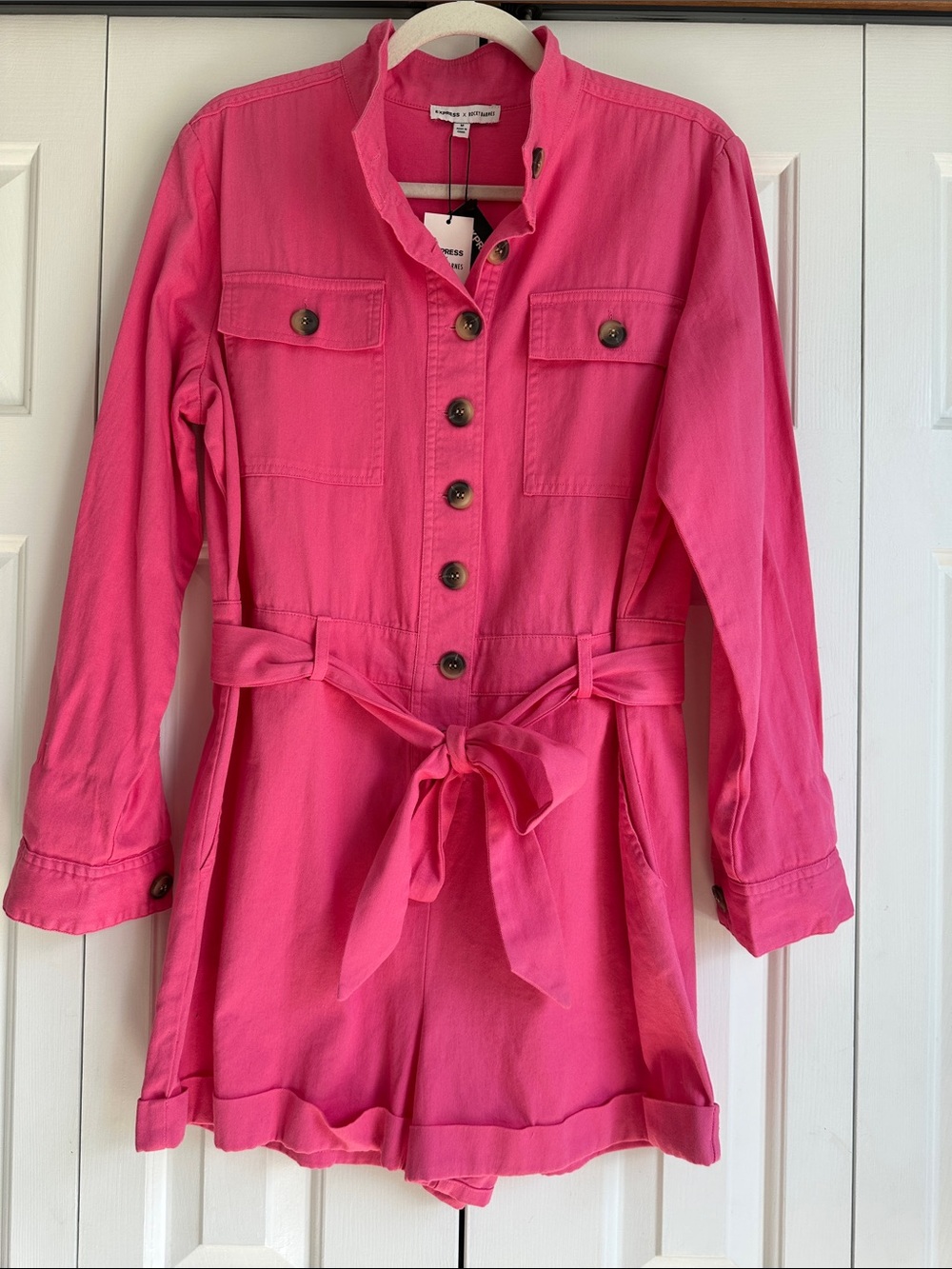 NWT Express x Rocky Barnes  Pink Utility Romper Long Sleeve Belted Size Medium - Picture 2 of 11